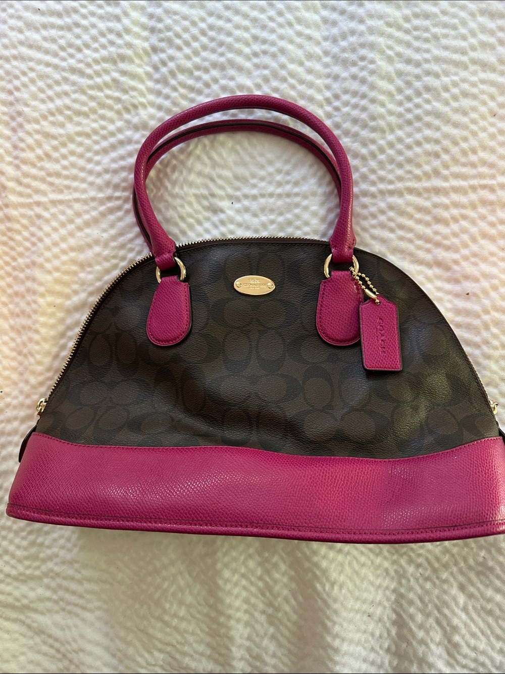 Coach Brown Signature Satchel with Pink Trim and Handles - Picture 1 of 7